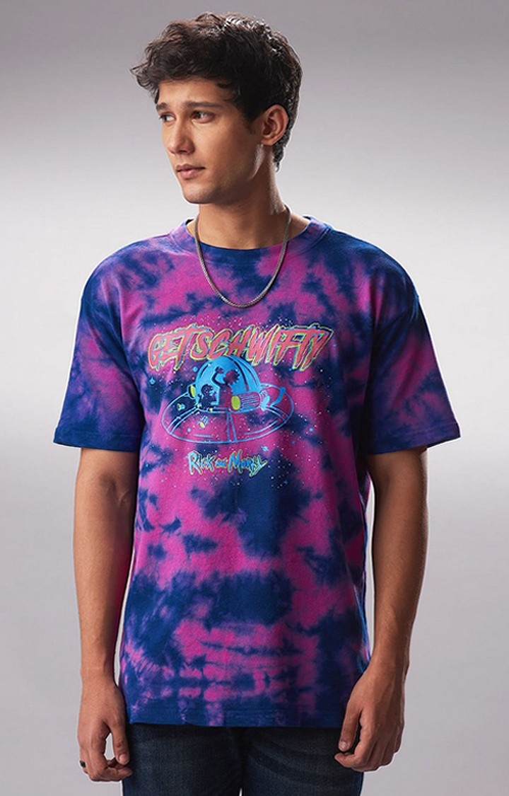 Men's Rick And Morty: Get Schwifty Pink & Blue Tie Dye Printed Oversized T-Shirt