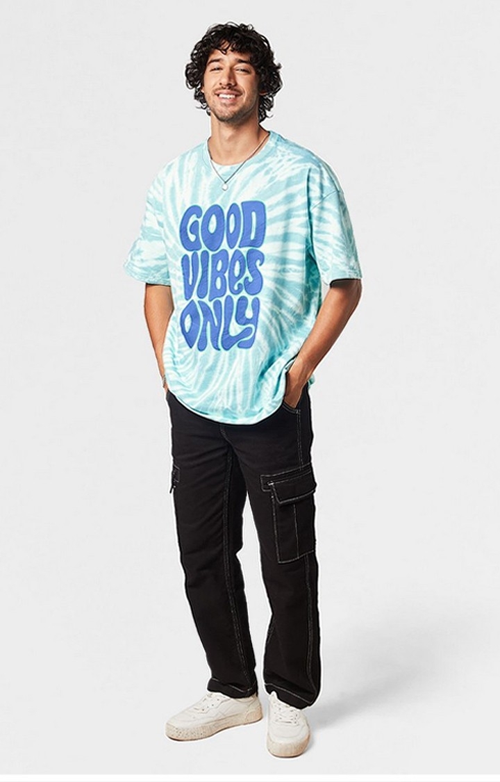 Men's TSS Originals: Good Vibes Only Blue Typographic Printed Oversized T-Shirt
