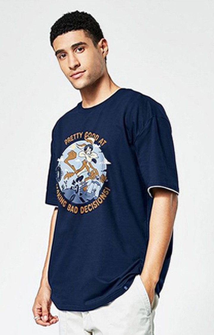 Men's Looney Tunes: Wile E. Coyote x Bad Decisions Blue Printed Oversized T-Shirt