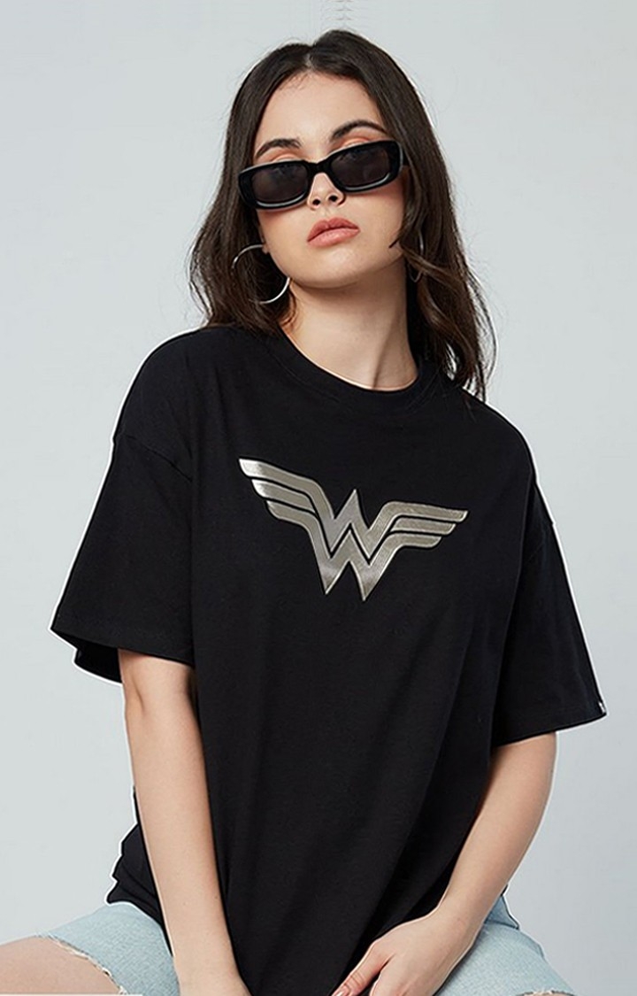 The Souled Store | Women's Wonder Woman: Logo Black Printed Oversized T-Shirt