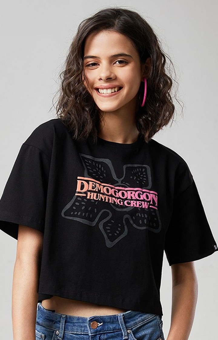 The Souled Store | Women's Stranger Things: Demogorgon Hunting Crew Black Printed Crop Top