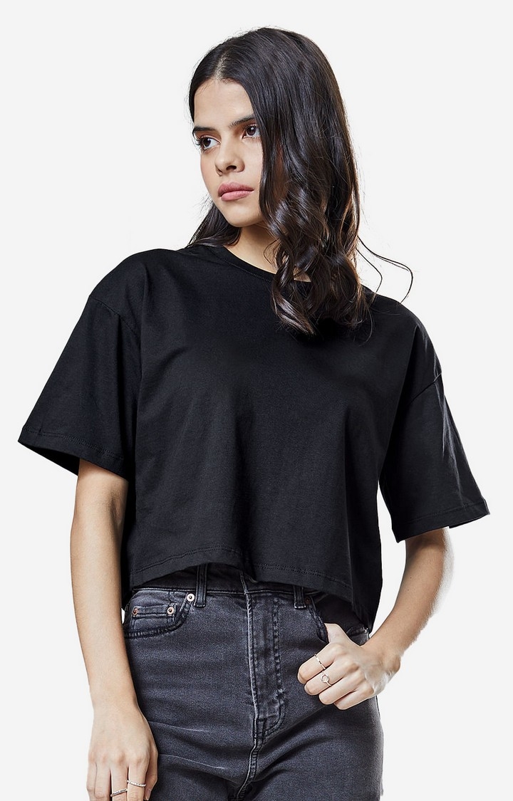Women's Solids: Black Women's Oversized Cropped T-Shirt