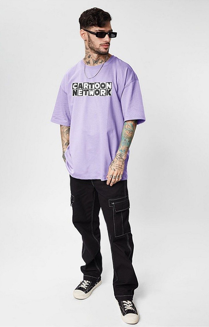 Men's Johnny Bravo: Mr Handsome Purple Printed Oversized T-Shirt
