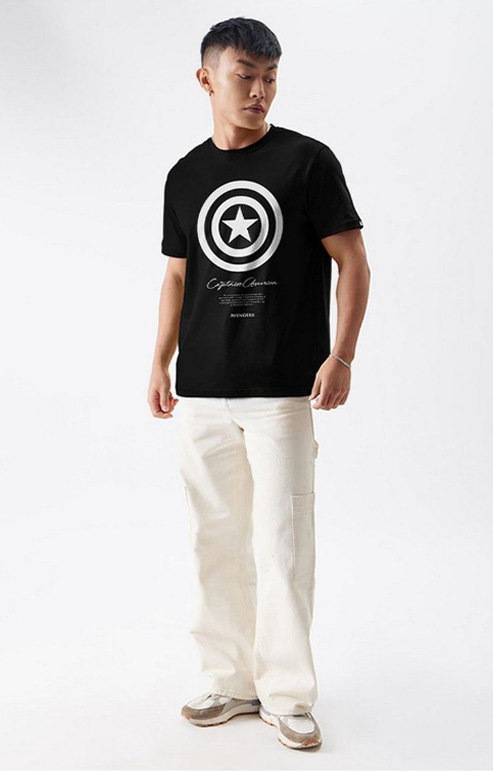 Men's Captain America: Cap's Shield (Glow In The Dark) Black Printed Regular T-Shirt