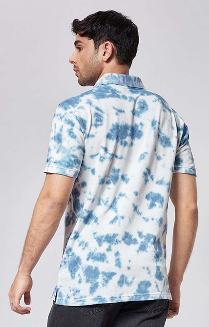 Men's Sky Storm Blue & White Tie Dye Printed Polo T-Shirts