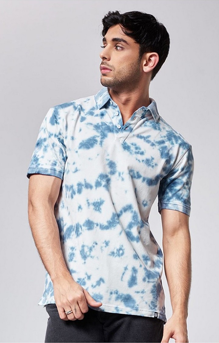 Men's Sky Storm Blue & White Tie Dye Printed Polo T-Shirts