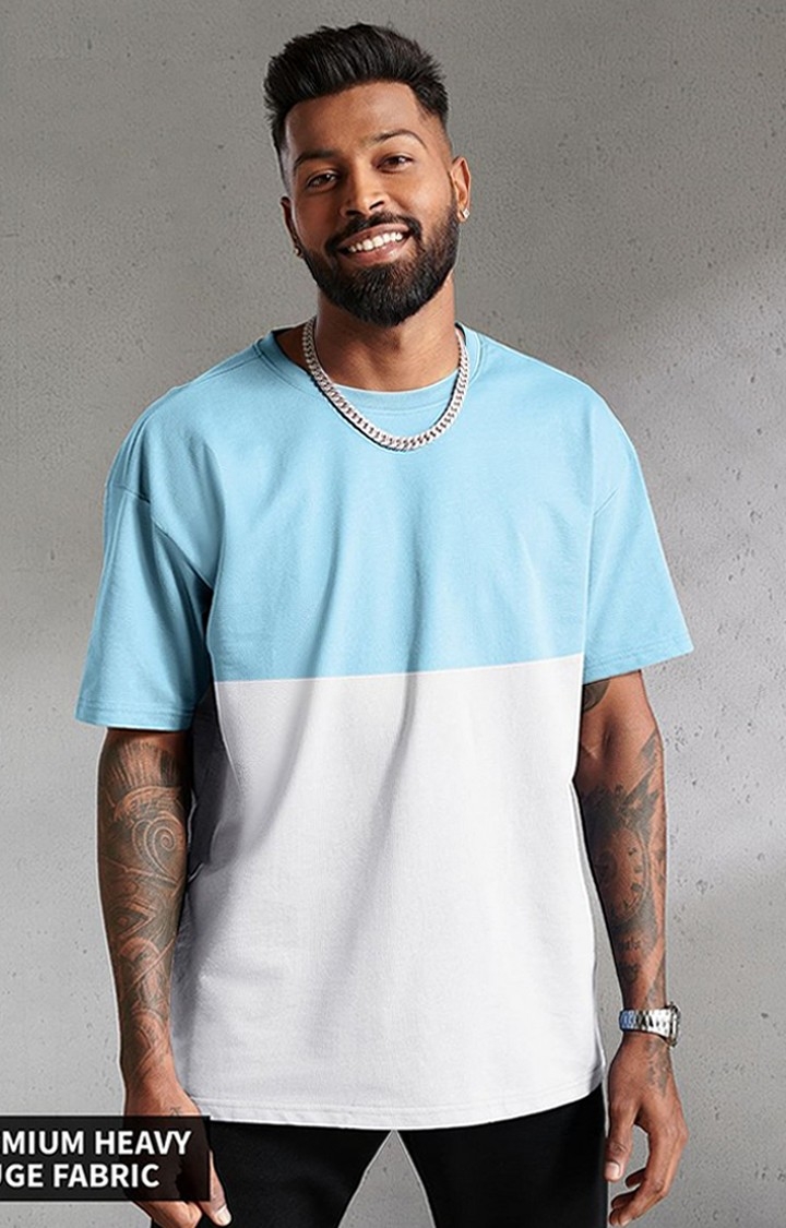 Men's Blue & White Colourblock Oversized T-Shirt