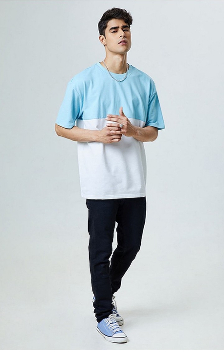 Men's Blue & White Colourblock Oversized T-Shirt