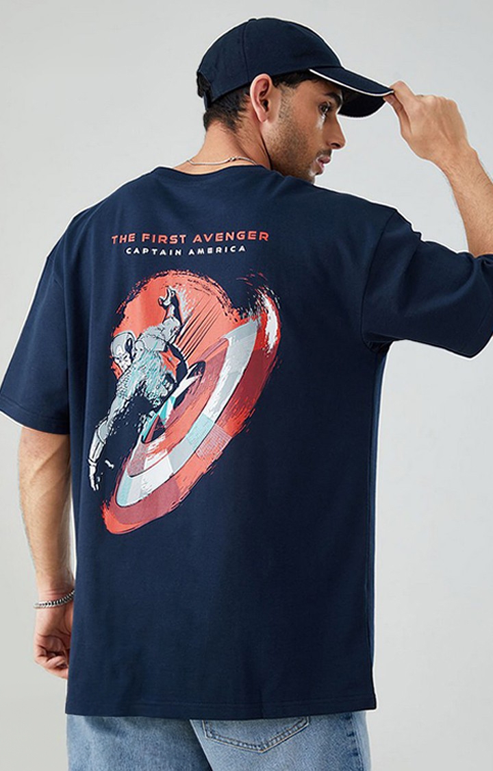 Marvel Super America: Soldier Oversized Captain Printed Blue T-Shirt Men\'s