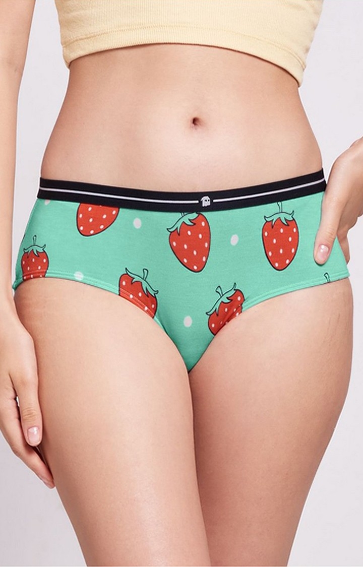 Women's Light Green Sparkling Strawberries Hipster Panties