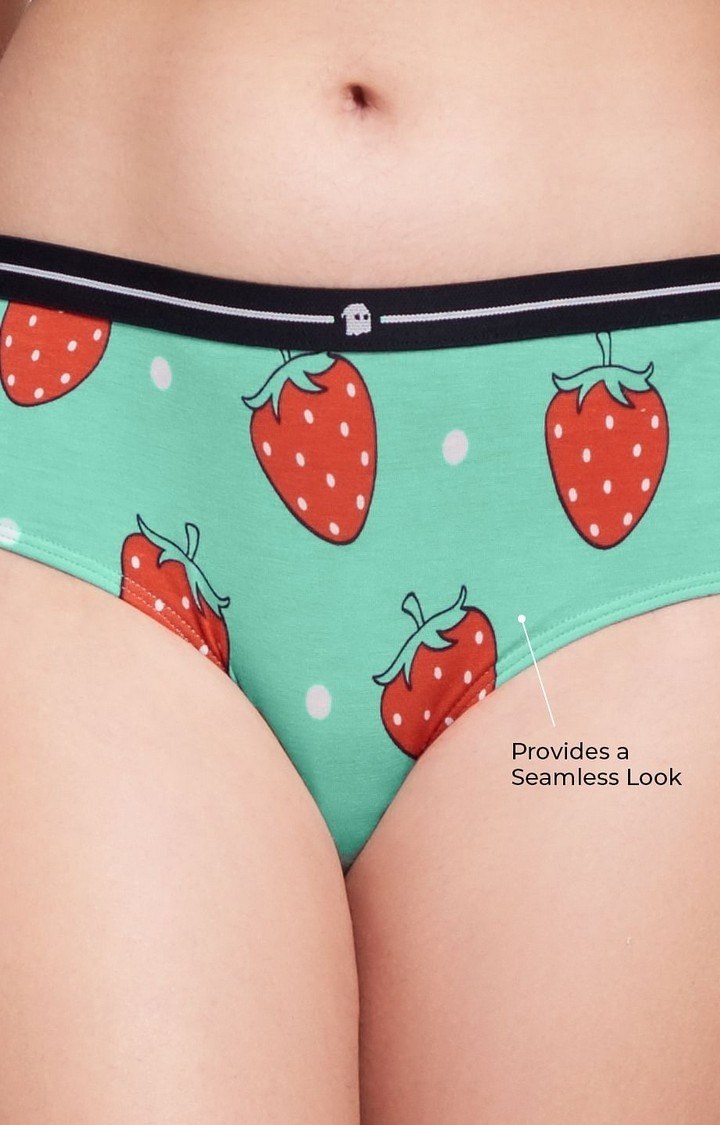 Women's Light Green Sparkling Strawberries Hipster Panties