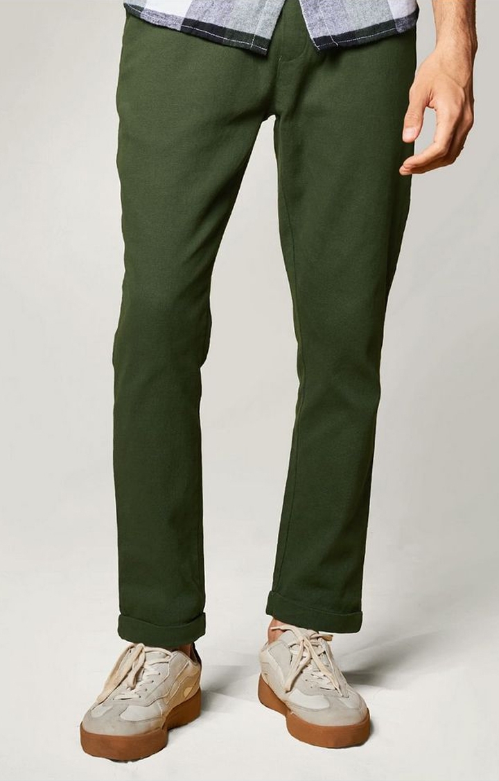 The Souled Store | Men's  Olive Cotton Solid Casual Pant
