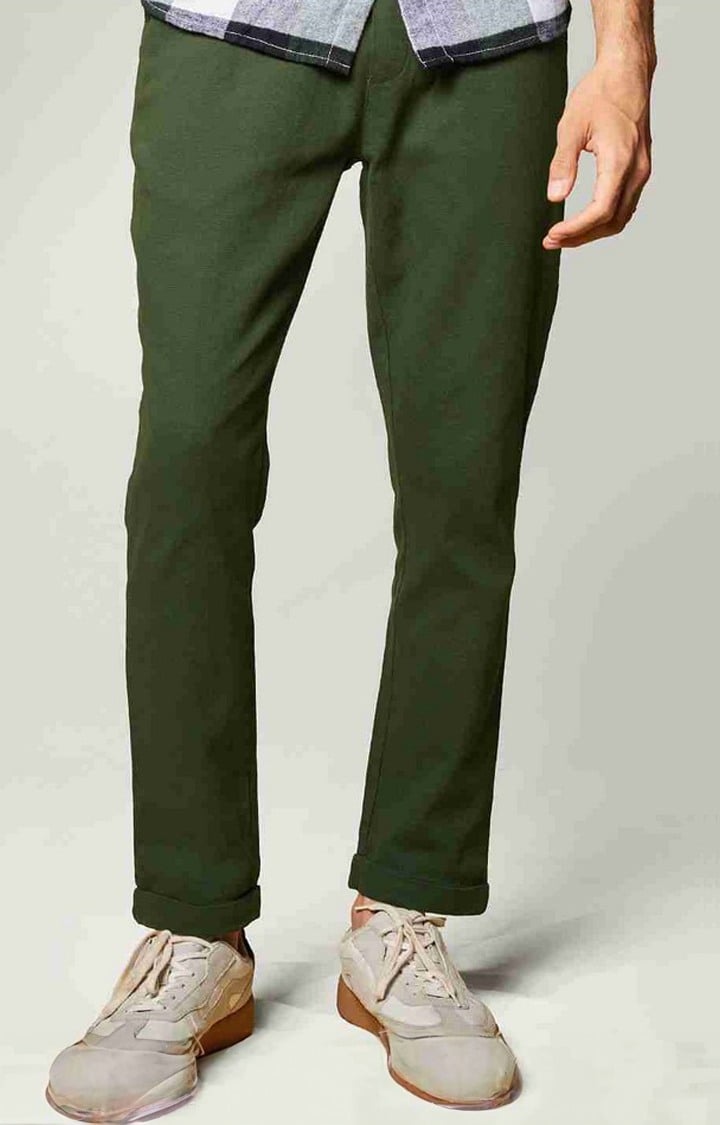 Men's Dark Olive Polycotton Solid Casual Pants