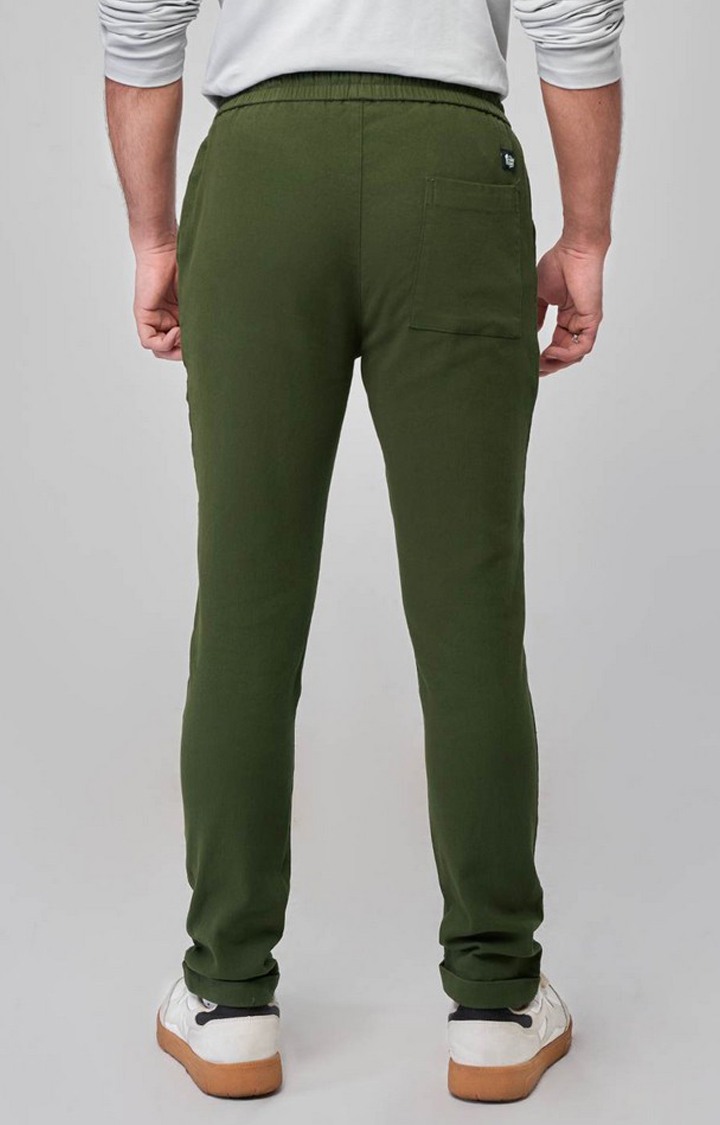 Men's Dark Olive Polycotton Solid Casual Pants