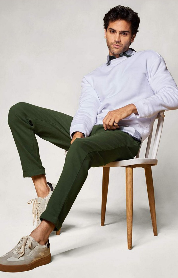Men's Dark Olive Polycotton Solid Casual Pants