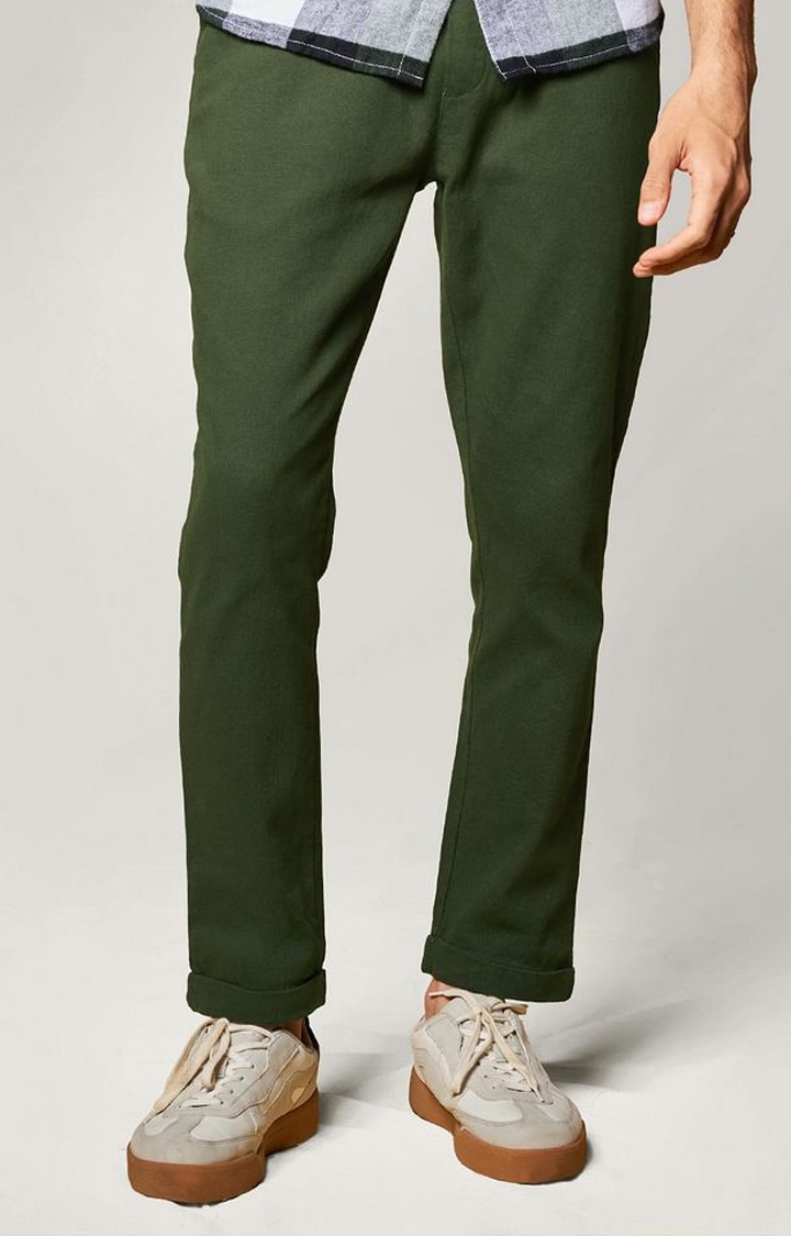 Men's  Olive Cotton Solid Casual Pant