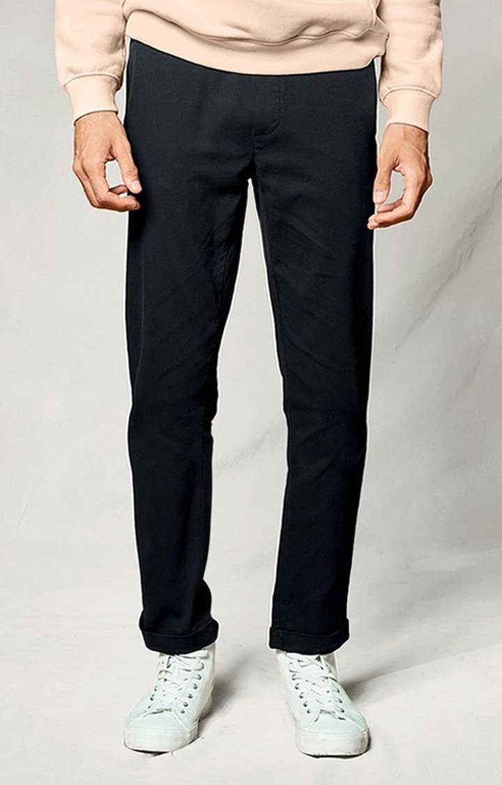 Men's  Midnight Blue Cotton Solid Casual Pant