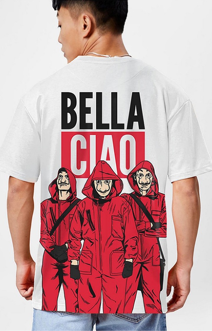 Men's Money Heist: Bella Ciao White Printed Oversized T-Shirt