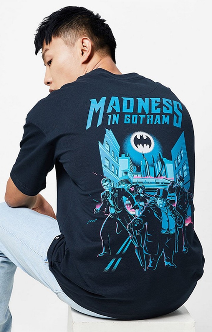 Men's Batman: Madness In Gotham Blue Printed Oversized T-Shirt