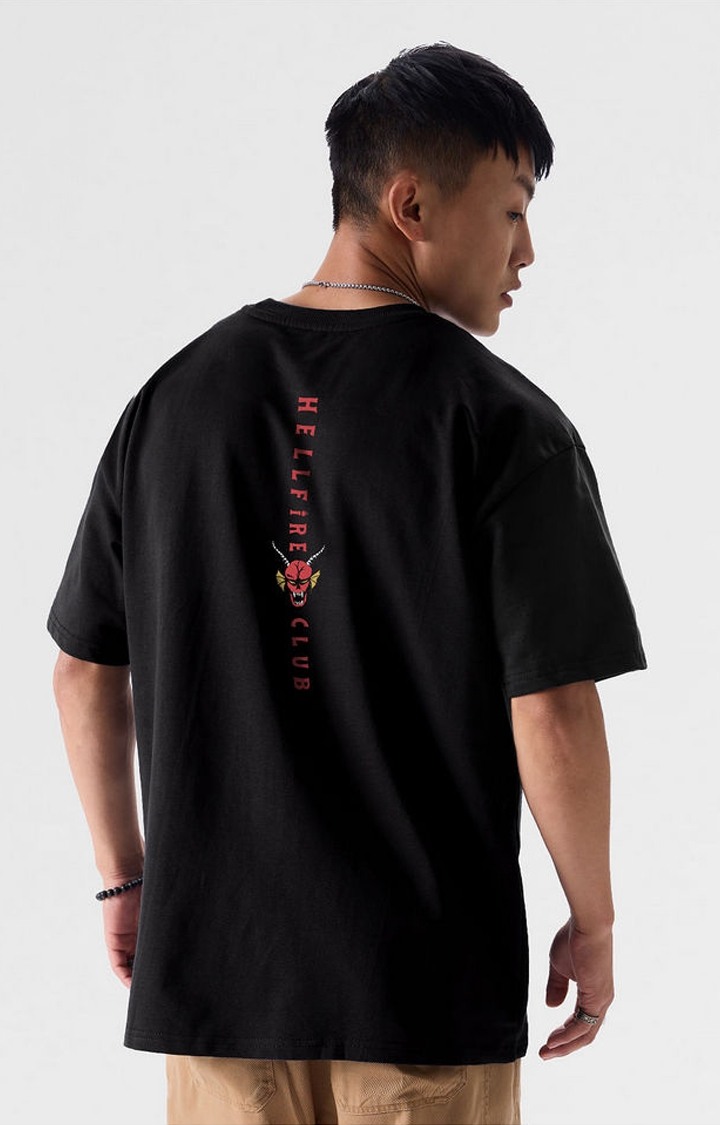Men's Stranger Things: The Hellfire Club Black Printed Oversized T-Shirt