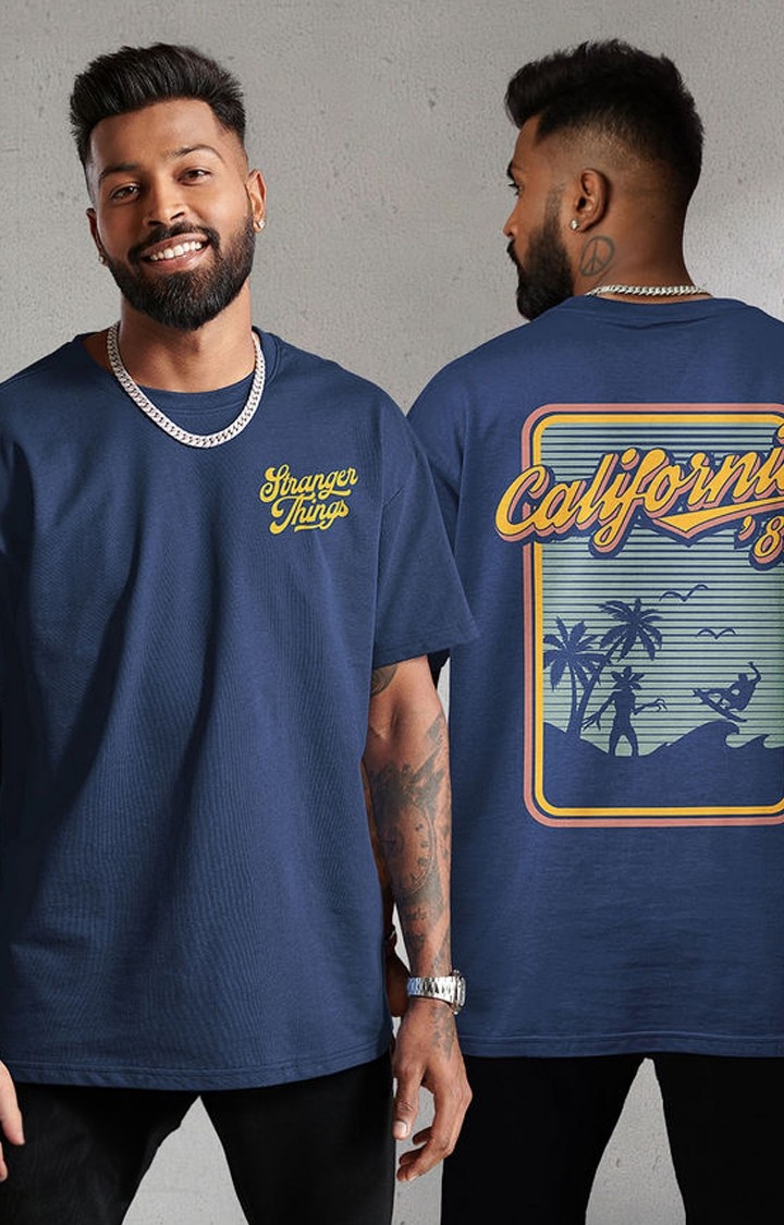Men's Stranger Things: California '86 Blue Printed Oversized T-Shirt