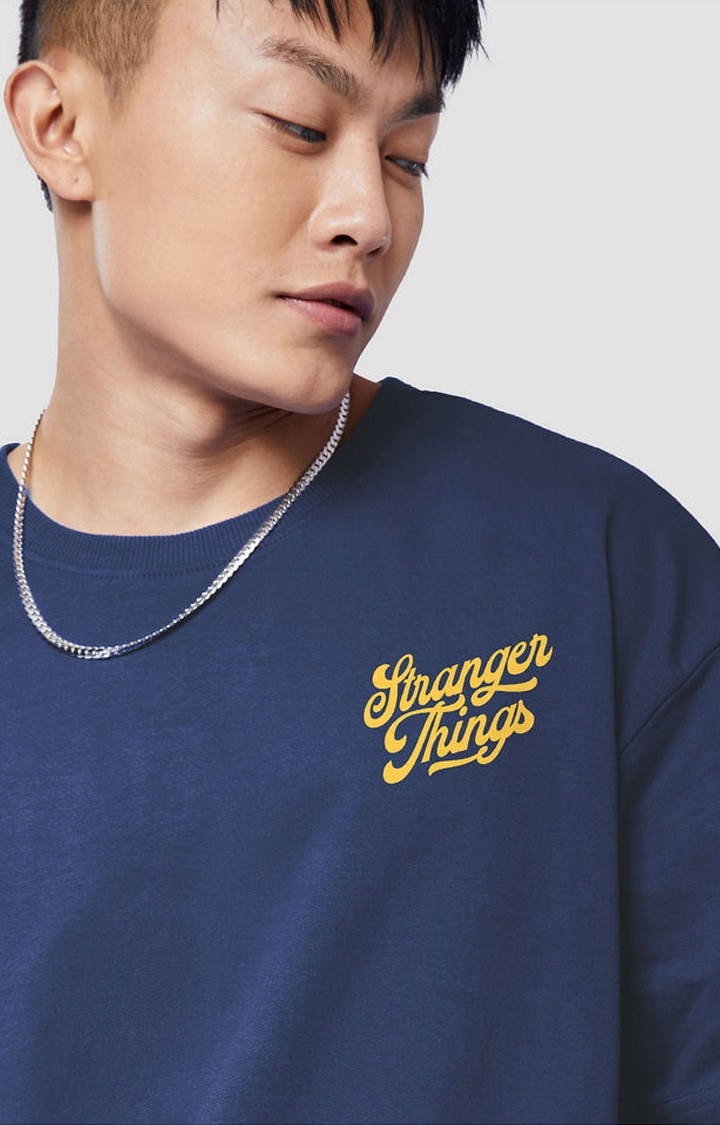 Men's Stranger Things: California '86 Blue Printed Oversized T-Shirt