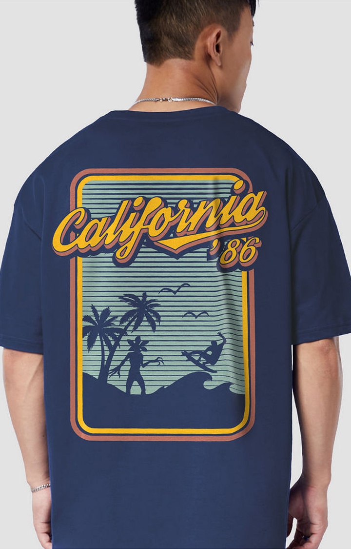 Men's Stranger Things: California '86 Blue Printed Oversized T-Shirt