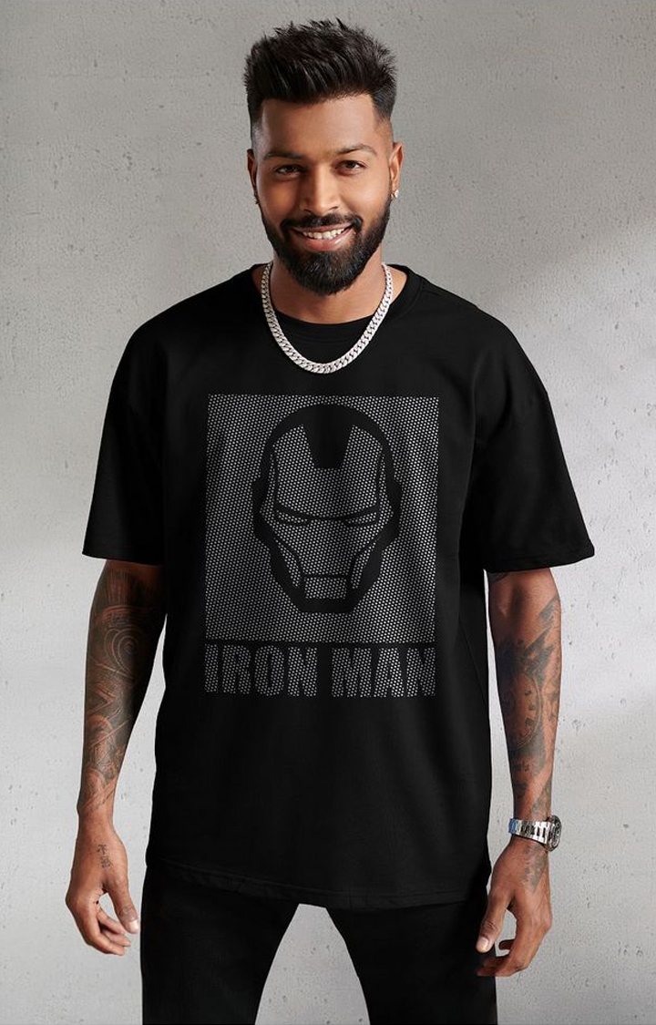 Men's Iron Man: Tony Stark Helmet Black Printed Oversized T-Shirt