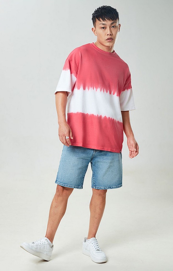 Men's Red & White Tie Dye Printed Oversized T-Shirt