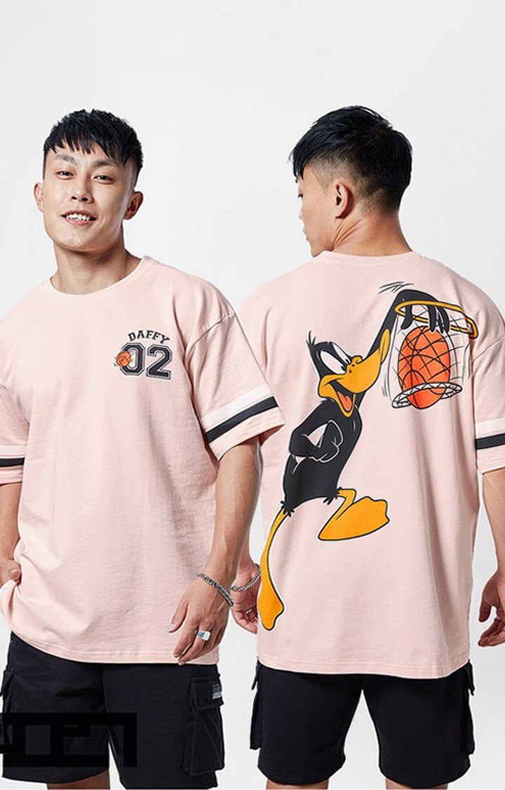 Men's Looney Tunes: Daffy in Space Jam Pink Printed Oversized T-Shirt