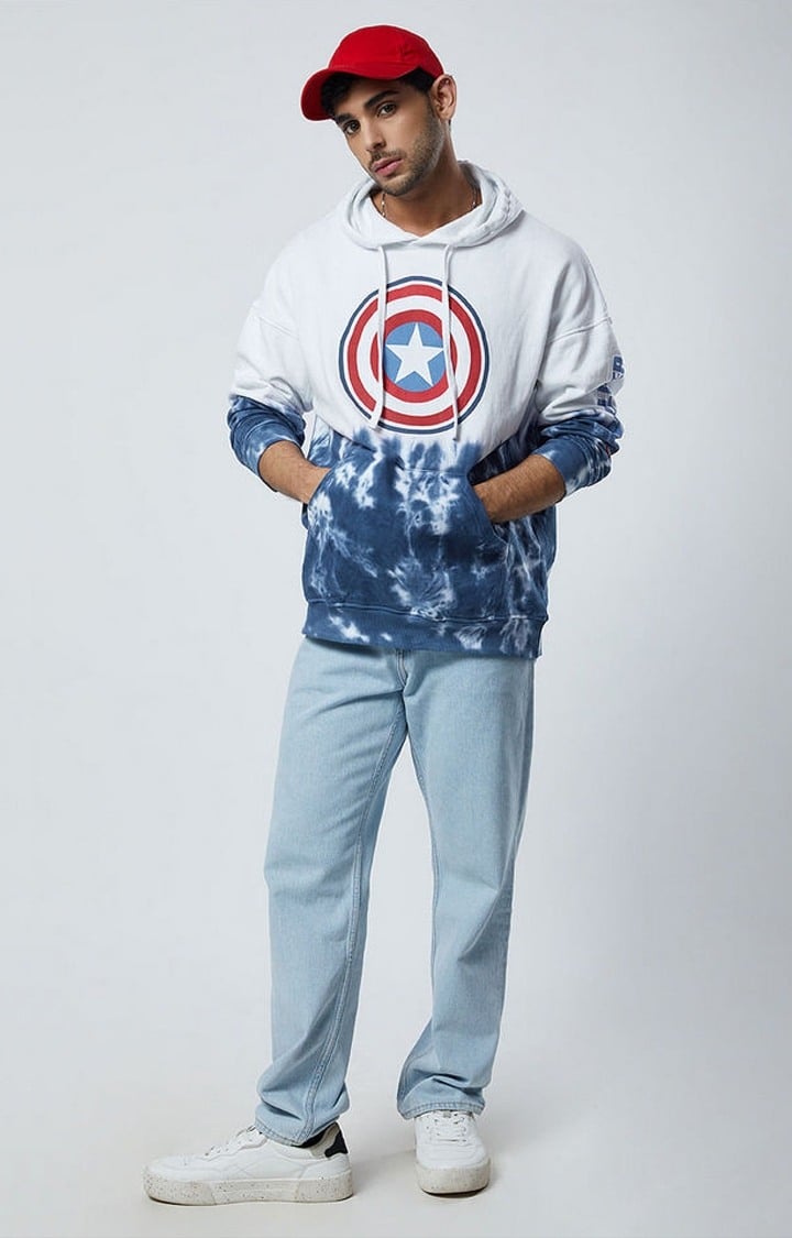 Men's Captain America: Shield Blue & White Tie Dye Printed Hoodies