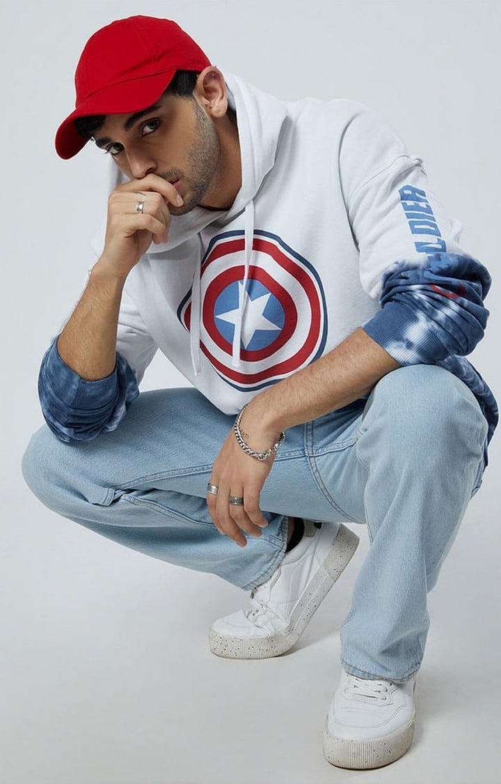 Men's Captain America: Shield Blue & White Tie Dye Printed Hoodies