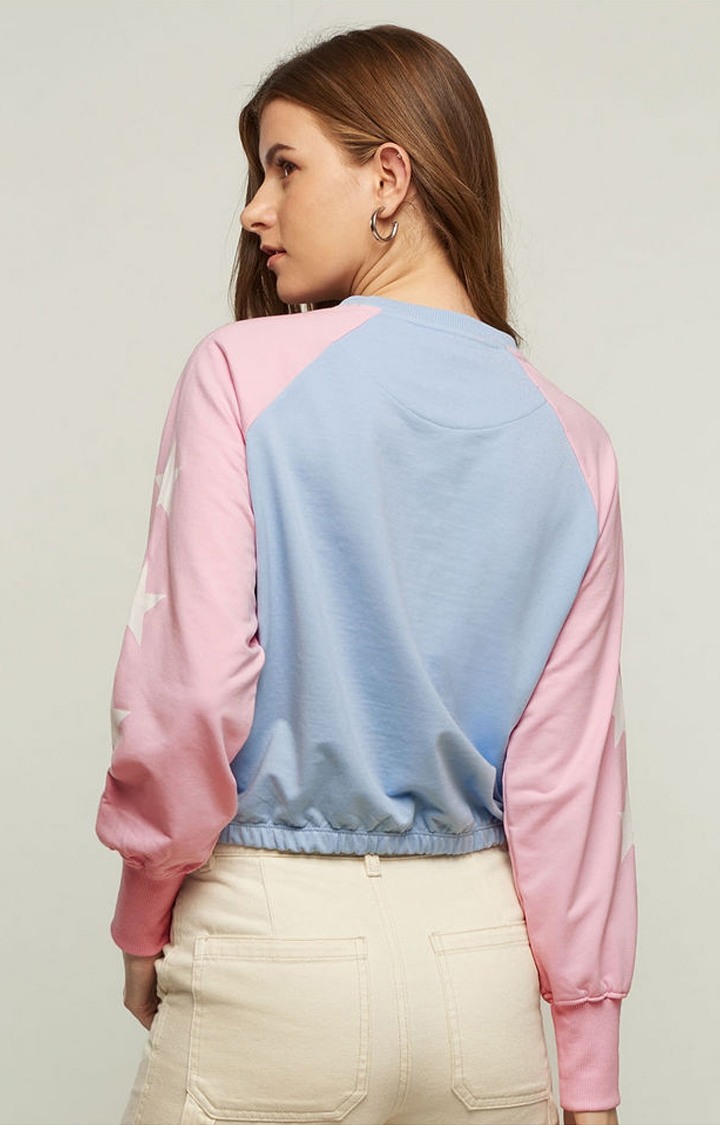 Women's Wonder Woman: Love, Strength & Grace Blue & Pink Printed Crop Top