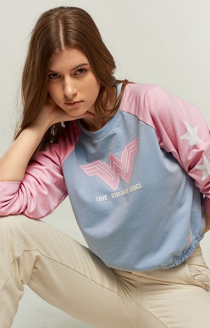 Women's Wonder Woman: Love, Strength & Grace Blue & Pink Printed Crop Top