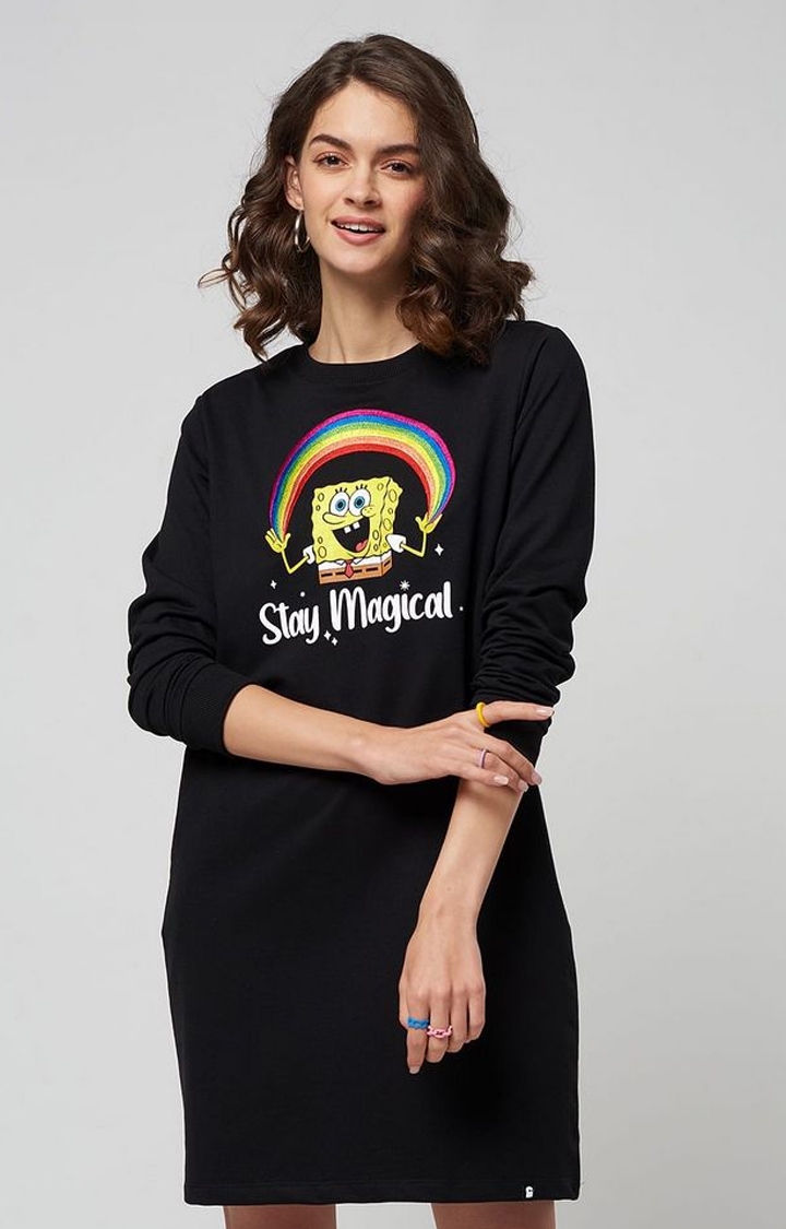 The Souled Store | Women's Spongebob: Stay Magical Black Printed Shift Dress
