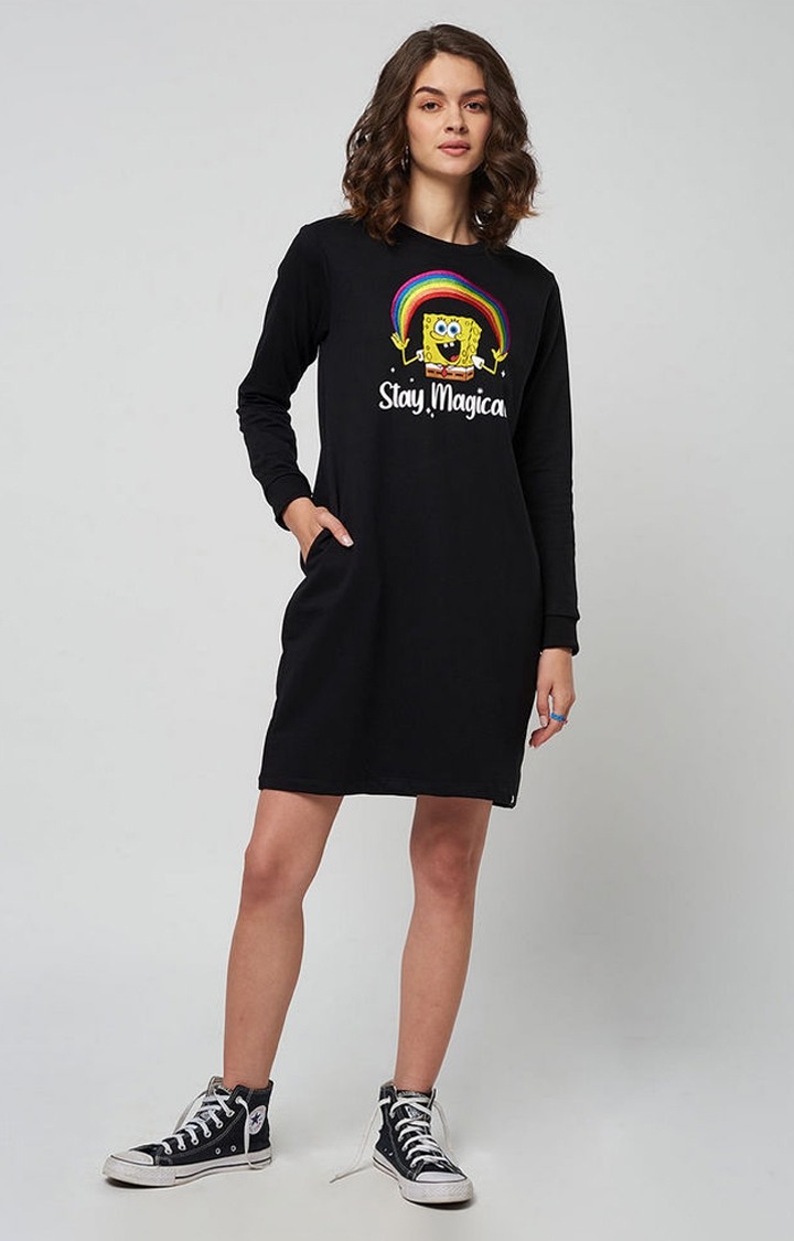 Women's Spongebob: Stay Magical Black Printed Shift Dress