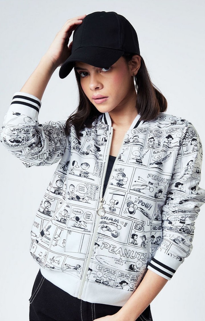 Women's Peanuts: Comic White Printed Western Jacket