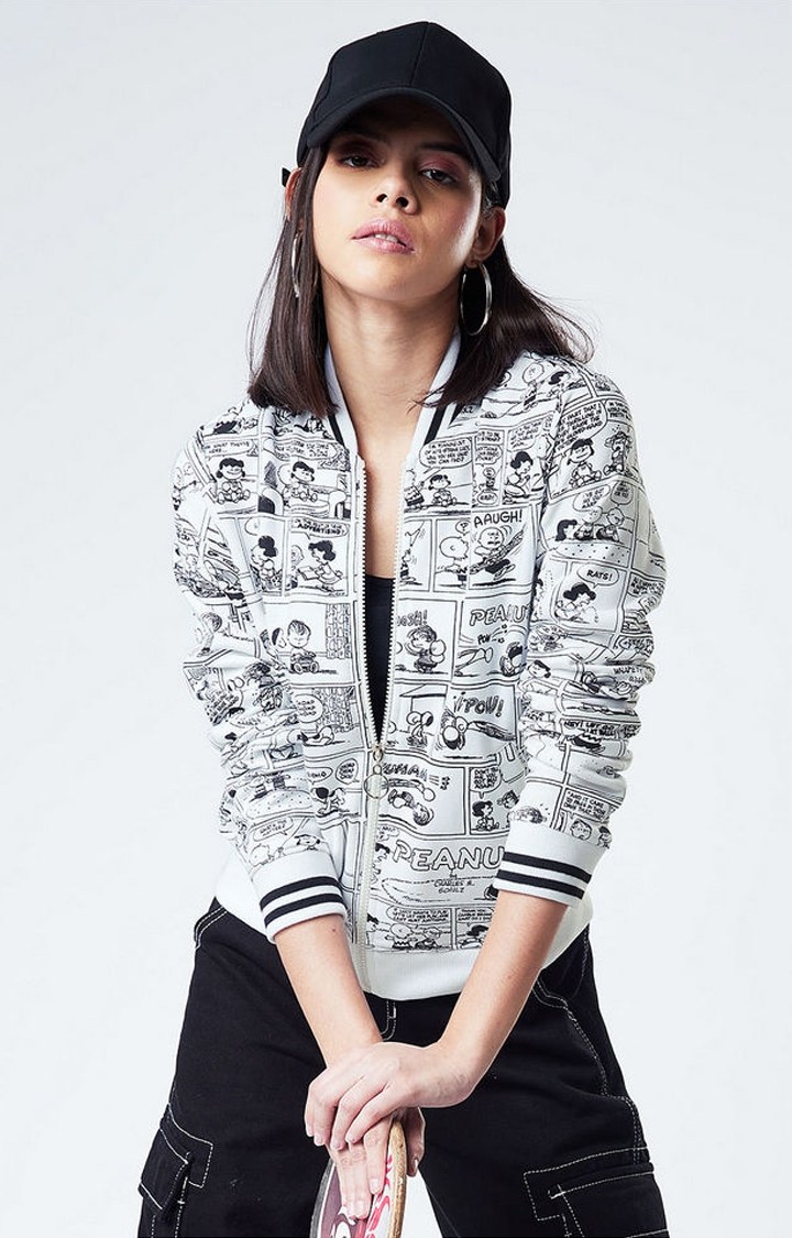Women's Peanuts: Comic White Printed Western Jacket