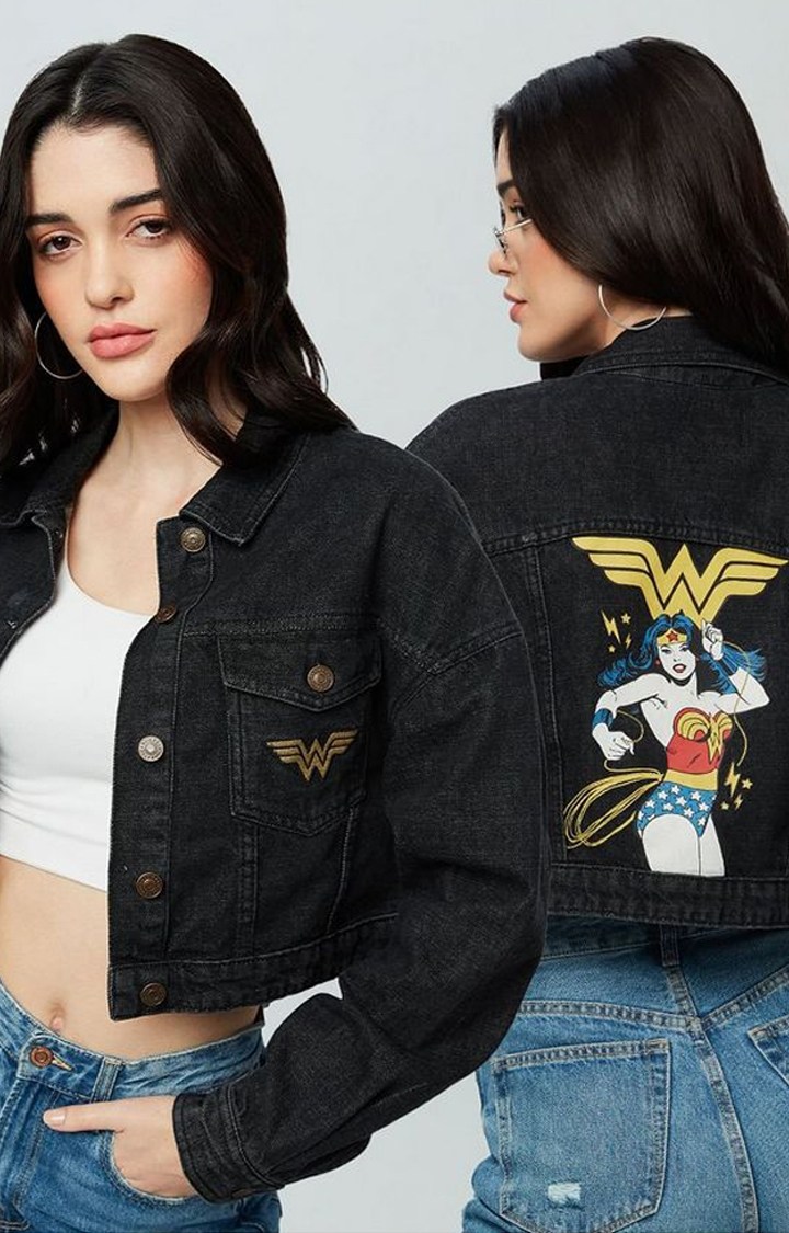 Women's Wonder Woman: Team Diana Black Printed Denim Jacket