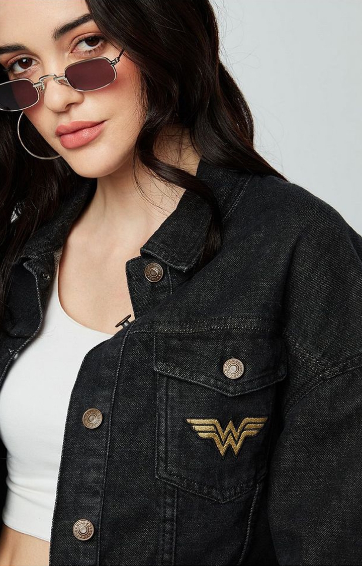 Women's Wonder Woman: Team Diana Black Printed Denim Jacket