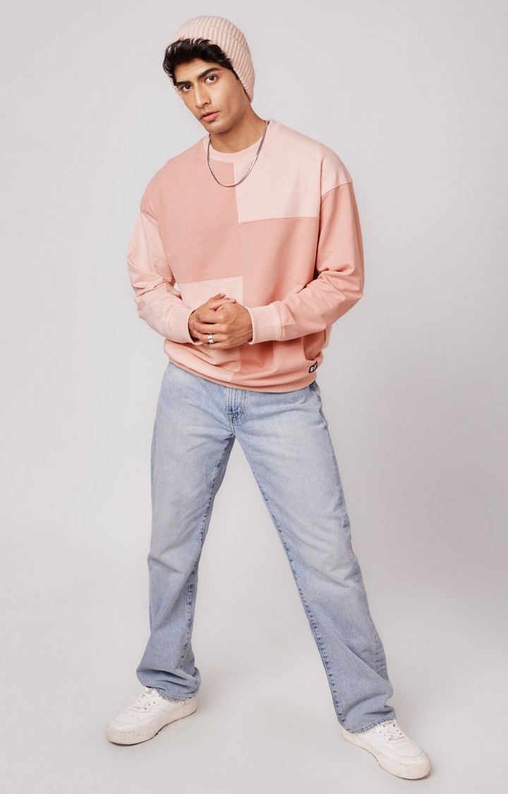Men's Solids: Pastel Pink Colour Block Men's Oversized Sweatshirts