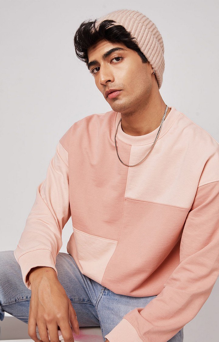Men's Solids: Pastel Pink Colour Block Men's Oversized Sweatshirts