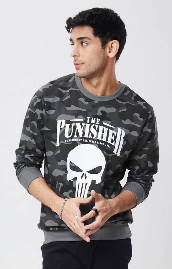 The Souled Store | Men's Punisher: Logo Grey Camouflage Printed Sweatshirts