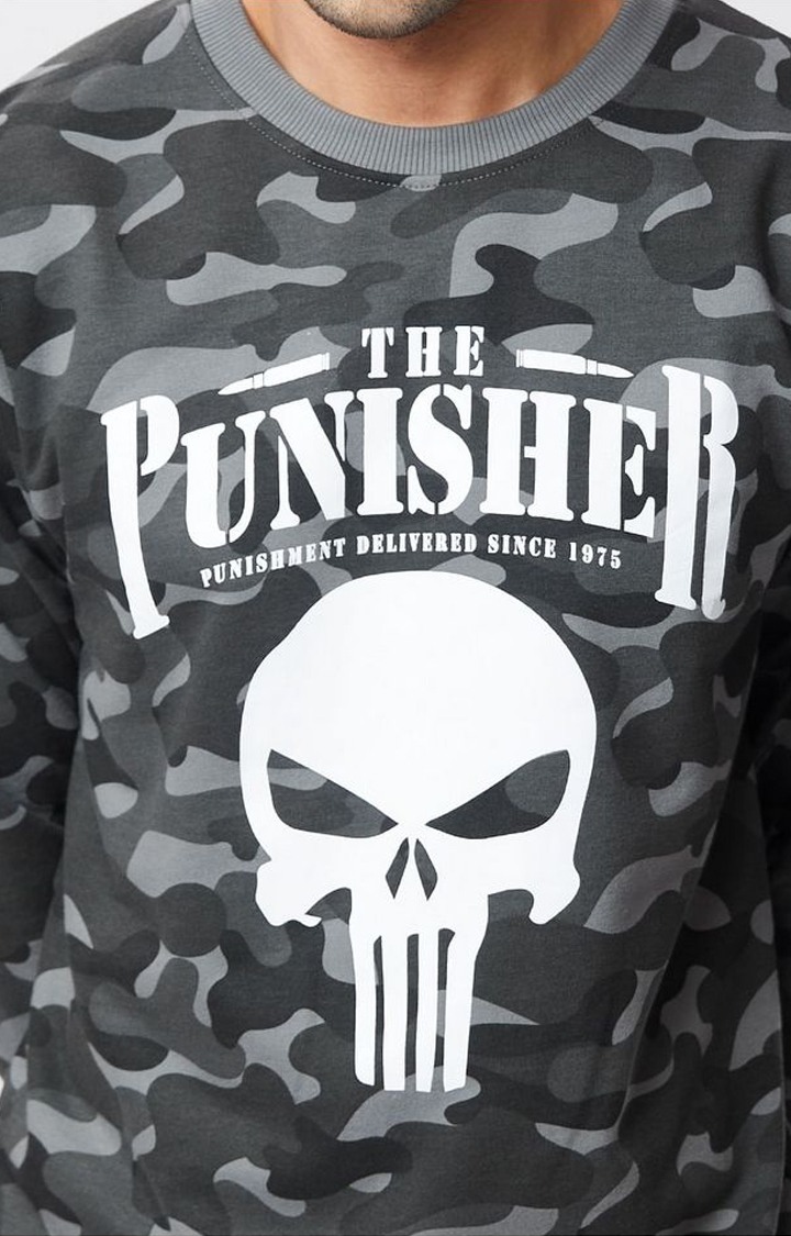 Men's Punisher: Logo Grey Camouflage Printed Sweatshirts