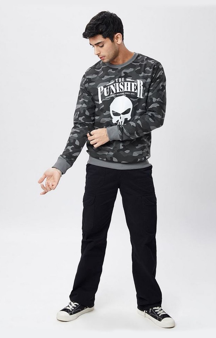 Men's Punisher: Logo Grey Camouflage Printed Sweatshirts