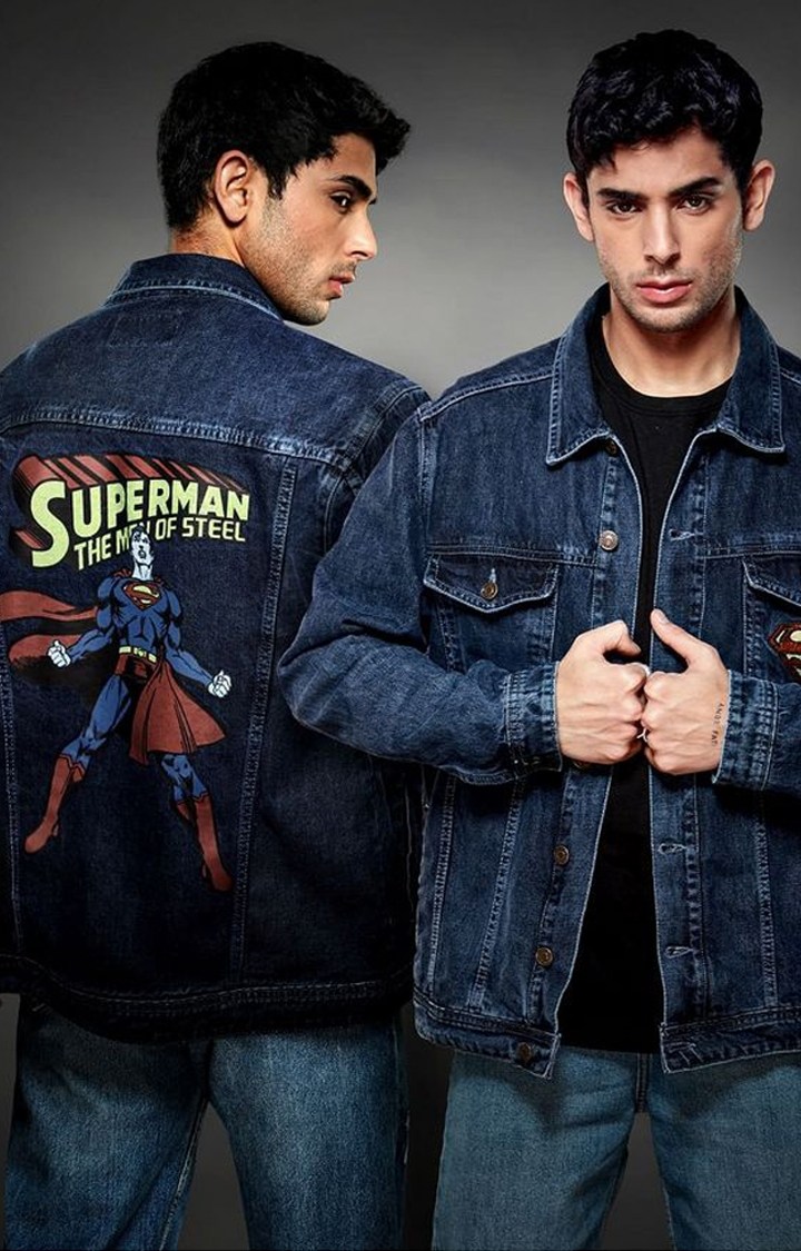Men's Superman: Superpowered Blue Printed Denim Jacket