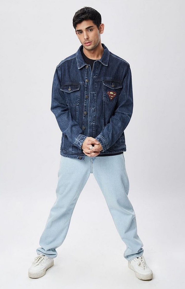 Men's Superman: Superpowered Blue Printed Denim Jacket