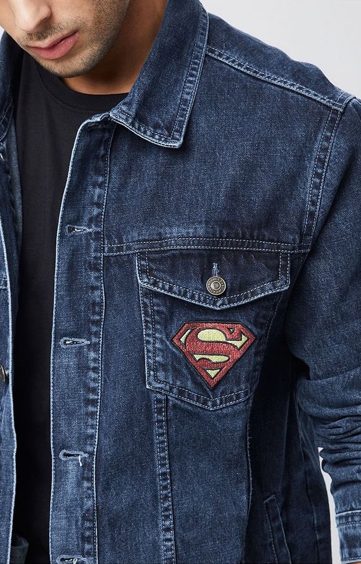 Men's Superman: Superpowered Blue Printed Denim Jacket
