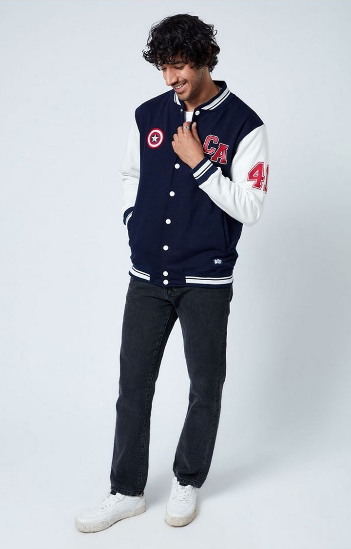 Men's Captain America: Steve Rogers Blue & White Printed Western Jacket