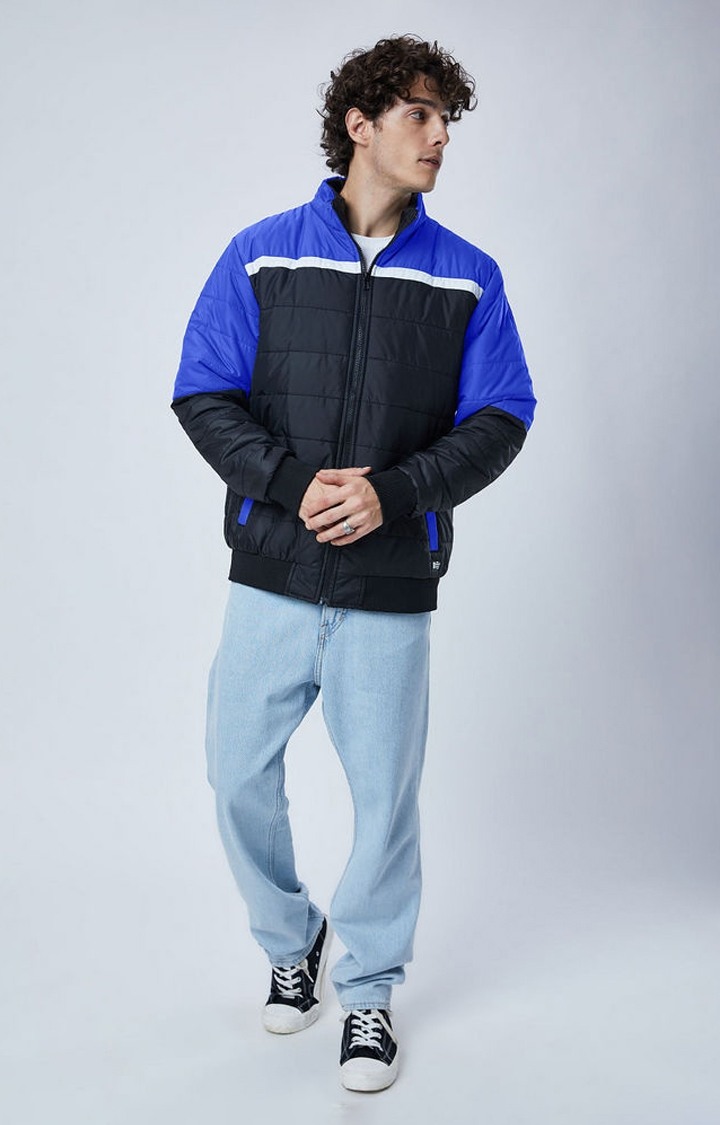 Men's Black & Blue Colourblock Bomber Jacket